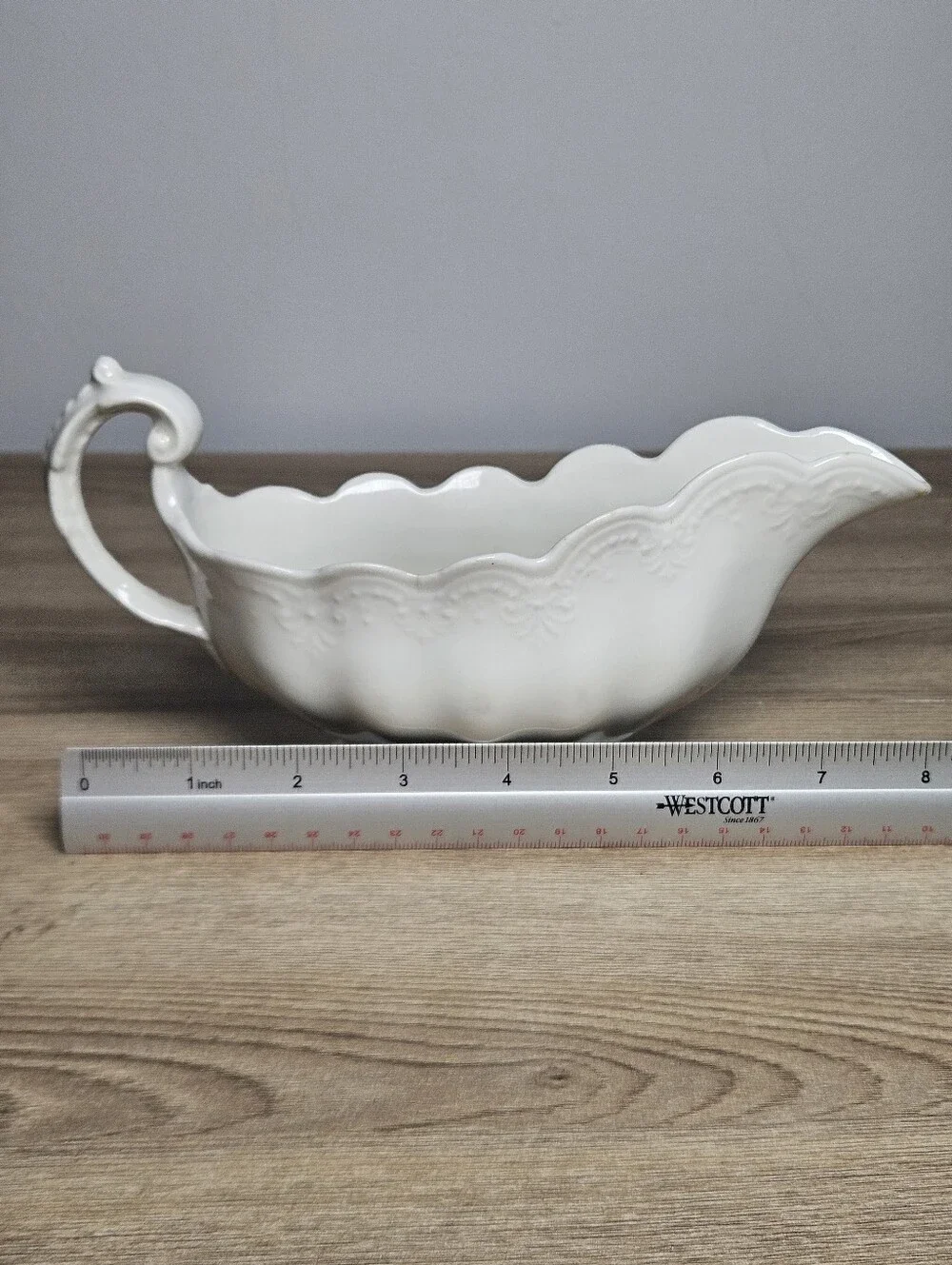 Vintage White Ceramic Gravy Boat Scalloped Embossed Scroll Handle Unmarked